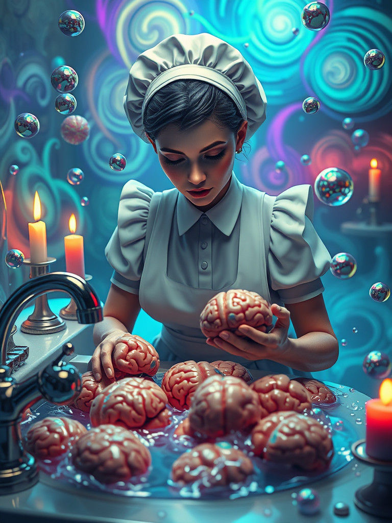 Surrealist Housemaid in a Dreamlike Brain Washing Scene