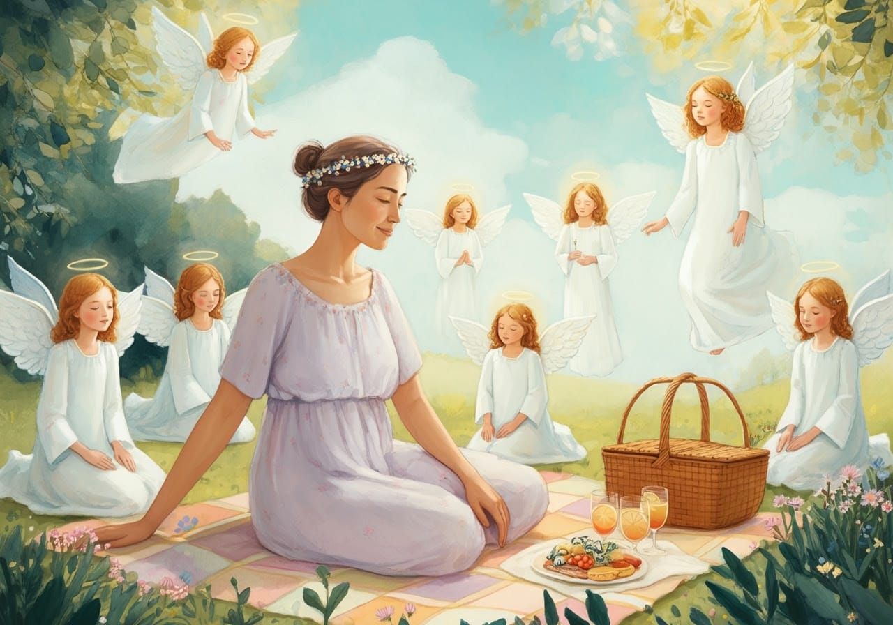 Serene Woman Surrounded by Loving Angels in Whimsical Picnic...