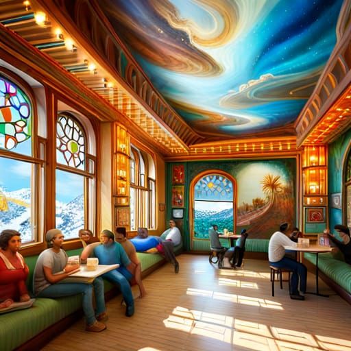 Vibrant Coffee Shop Scene with Bioluminescent Lights