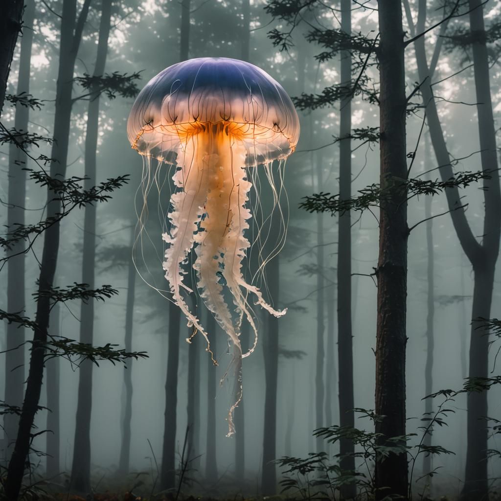 Jellyfish in Foggy Forest at Twilight