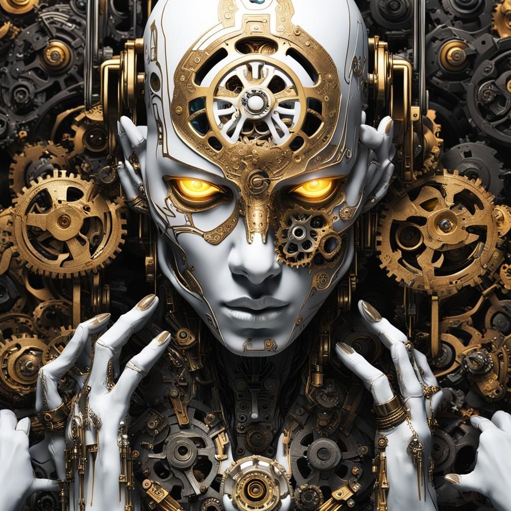 Tribal Tattooed Cyborg Face with Visible Mechanics