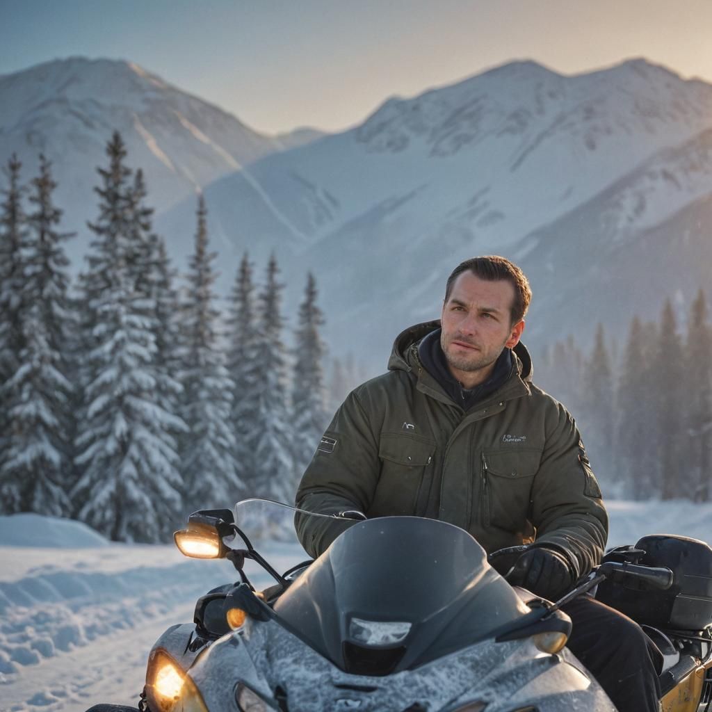 Slavic Man on Snowmobile in Winter Landscape