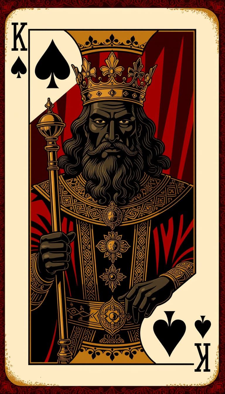 Regal Black King of Spades Emerging from Vintage Cards