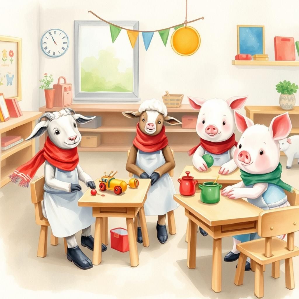 Farm Animals in Preschool: Watercolor Storybook Illustration