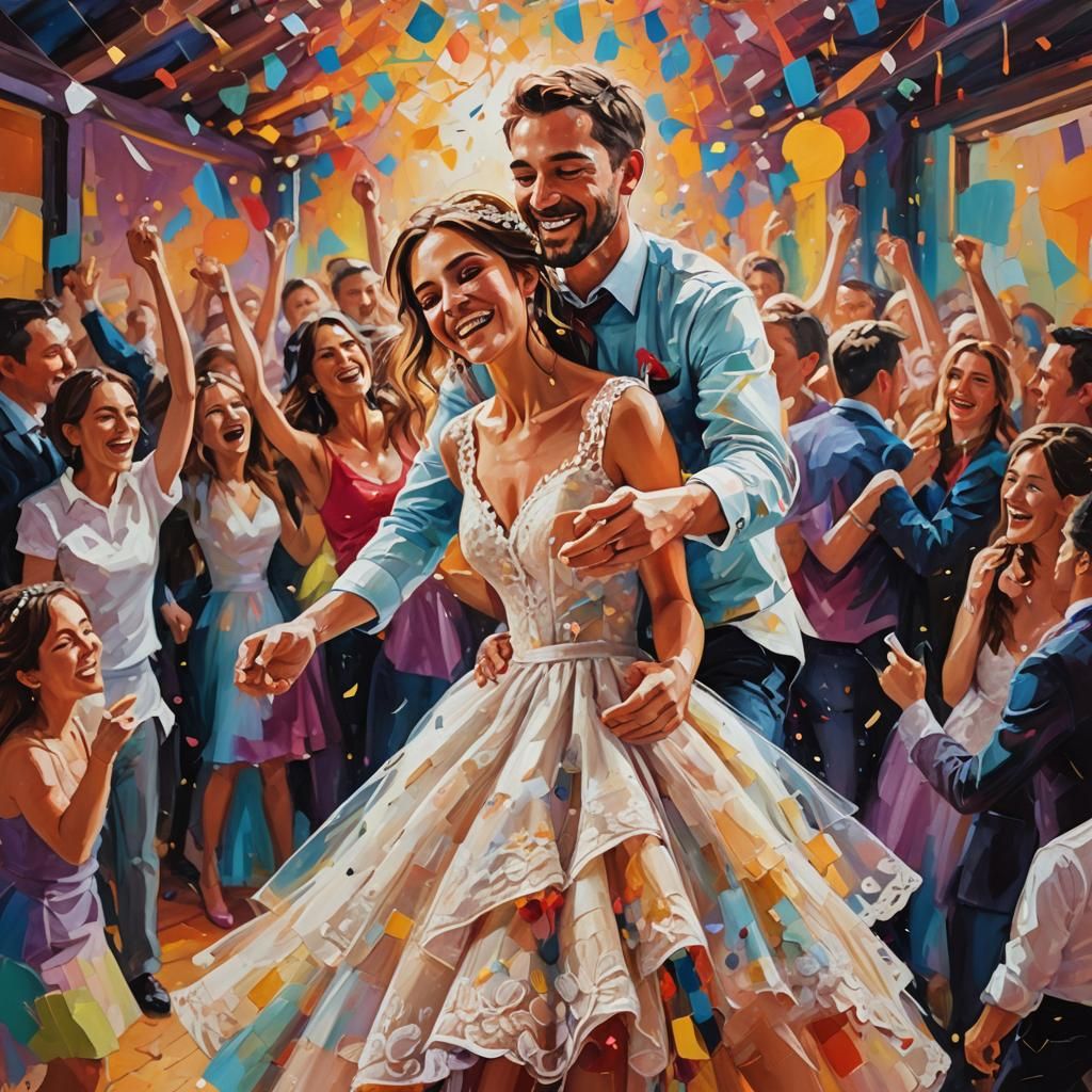 Bride on Shoulders: Vibrant Oil Painting of Wedding