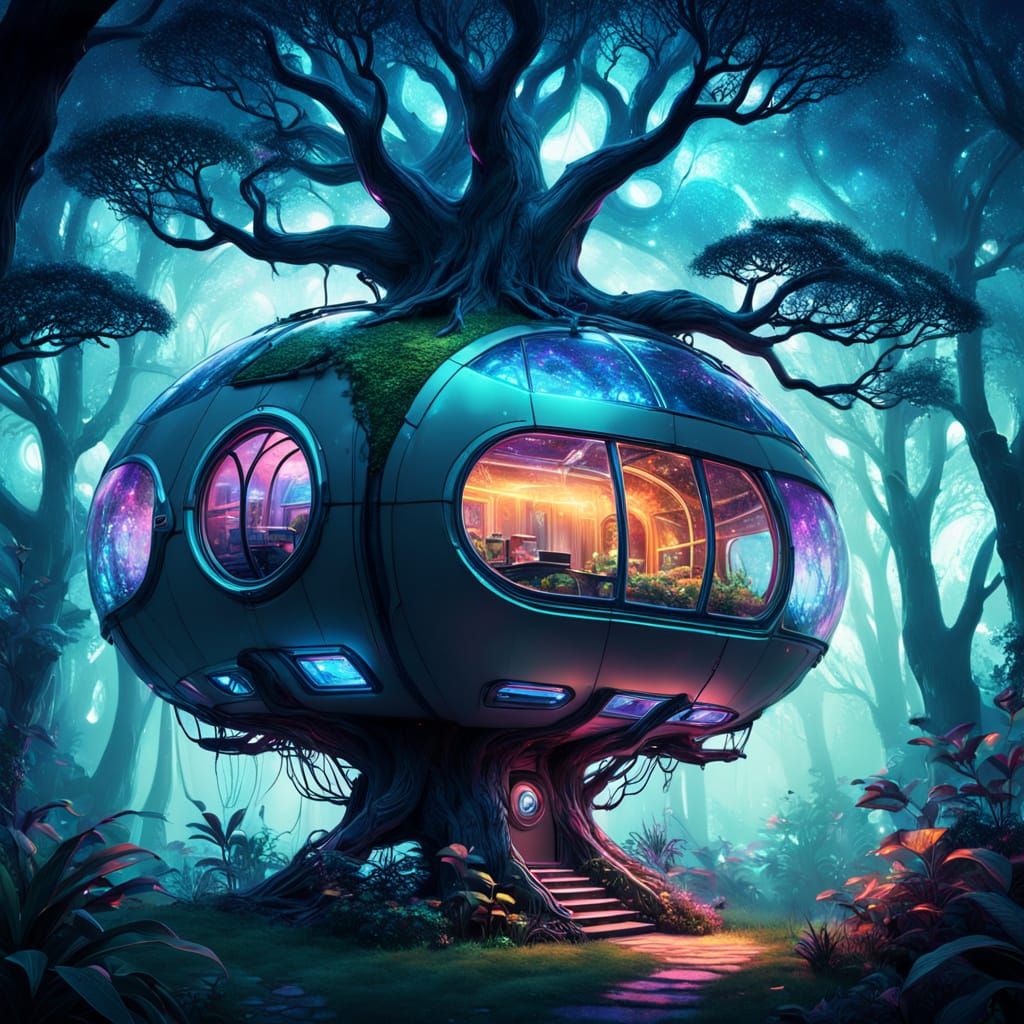 Enchanted Pod Sanctuary in a Glowing Tree