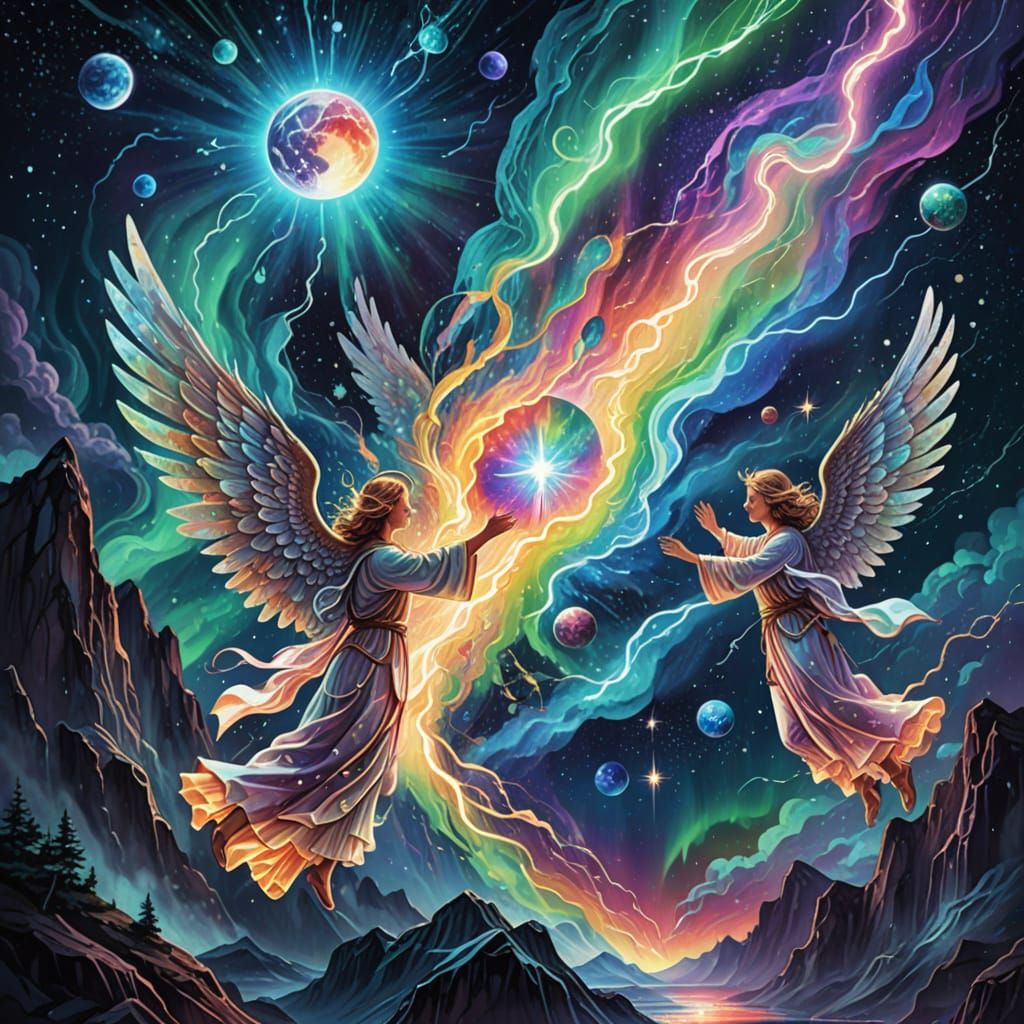 Angels Unite with Celestial Wonders in Cosmic Harmony