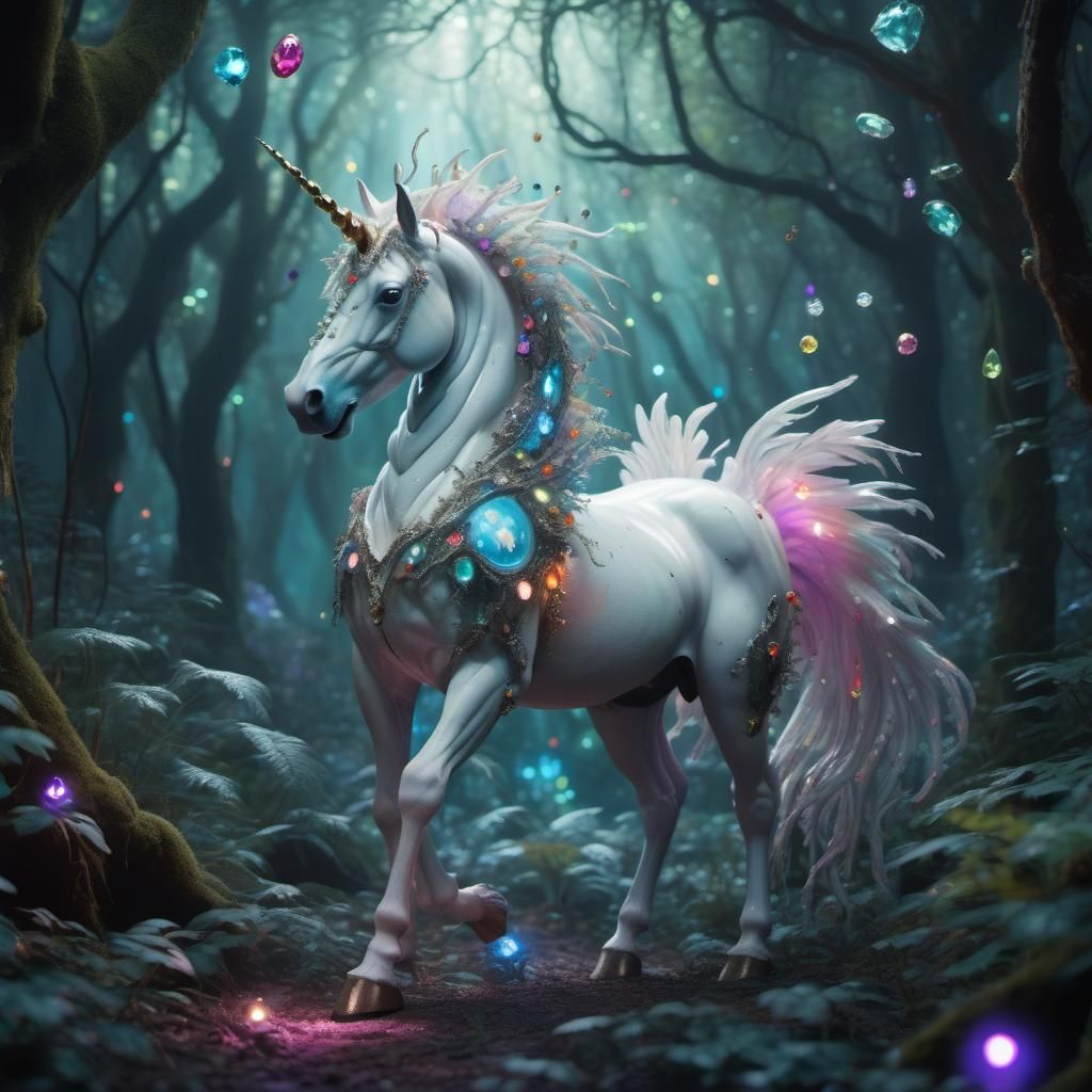 Bioluminescent Unicorn in Hyperreal Forest, Tim Burton Style
