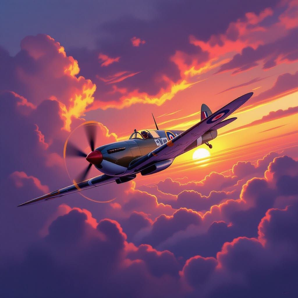 WWII Spitfire Banking Through Sunset Sky