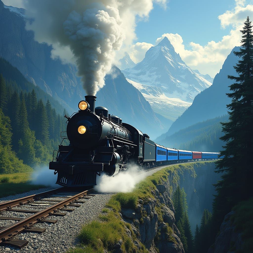 Black Locomotive with Blue Carriages in Dramatic Mountain La...