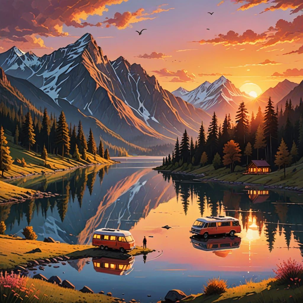 Family BBQ by Lake at Sunset: Warm Oil Painting