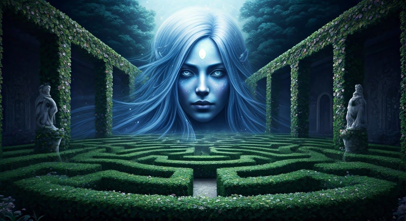 Surreal Garden Maze in Yoshitaka Amano Style