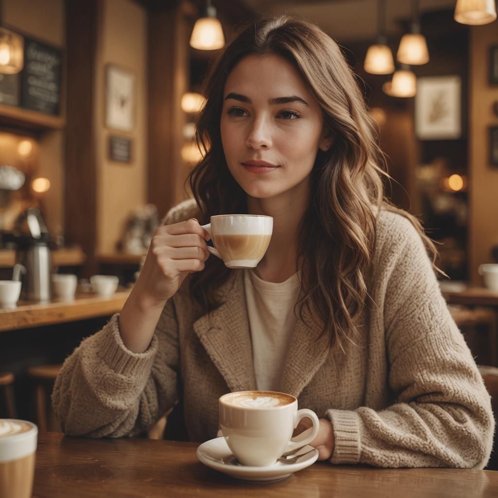 Woman Savoring Latte in Cozy Cafe