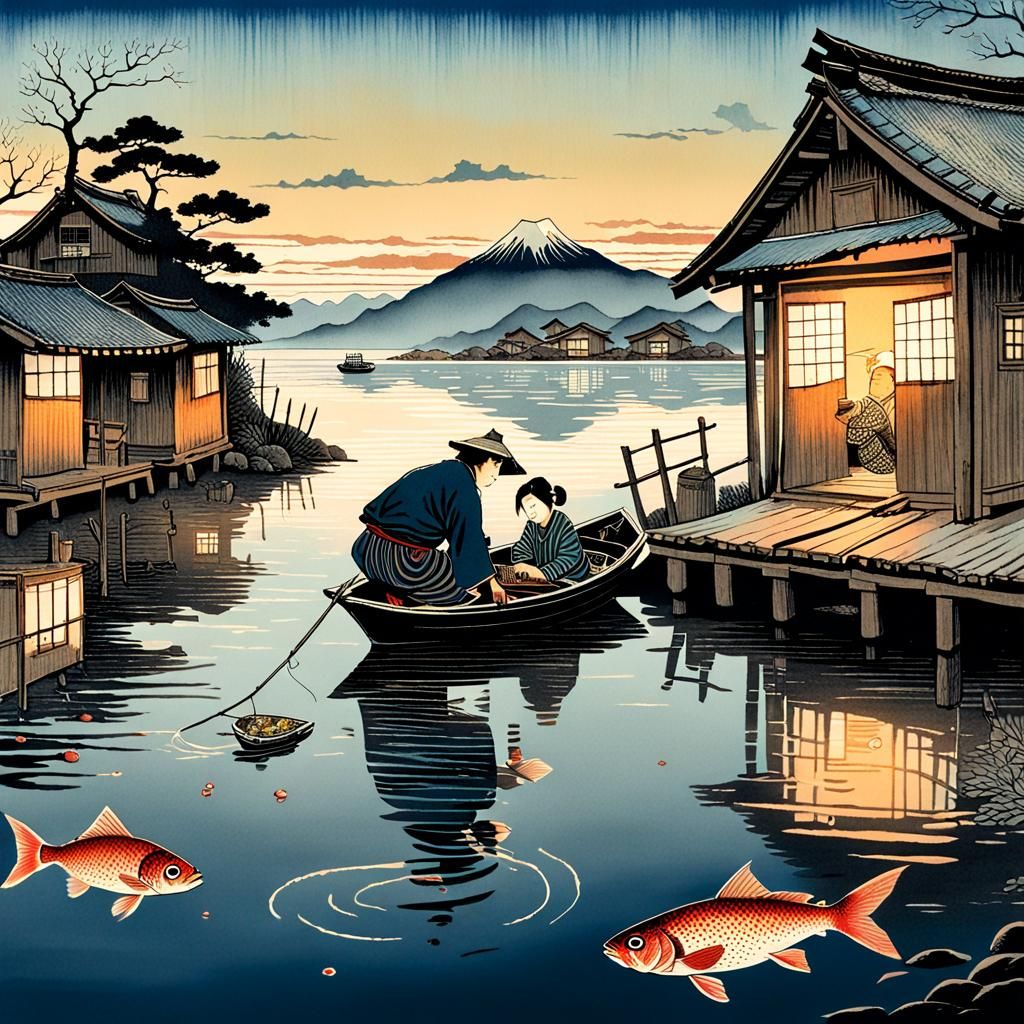 Fisherman and Wife at Twilight: Ukiyo-e Style