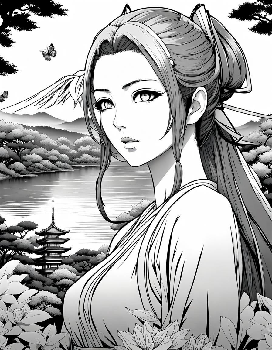 Monochrome Anime Woman Portrait with Butterflies