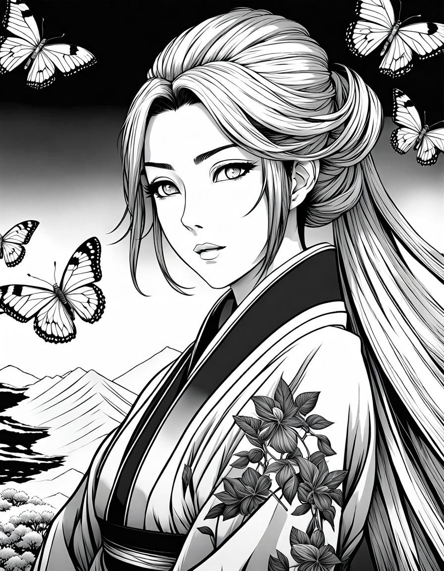 Monochrome Anime Woman Portrait with Butterflies in Manga St...