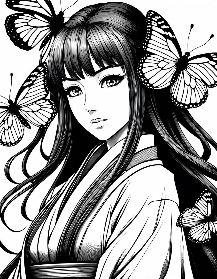 Monochrome Anime Woman with Butterflies in Manga Style