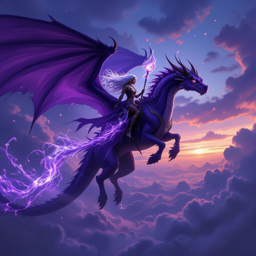 Purple Dragon Rider with Silver Mist in Twilight Sky
