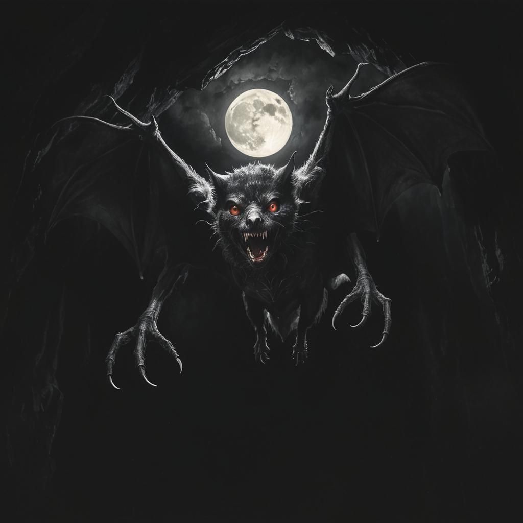 A large vampire bat emerges from a dark cave flying out of t...