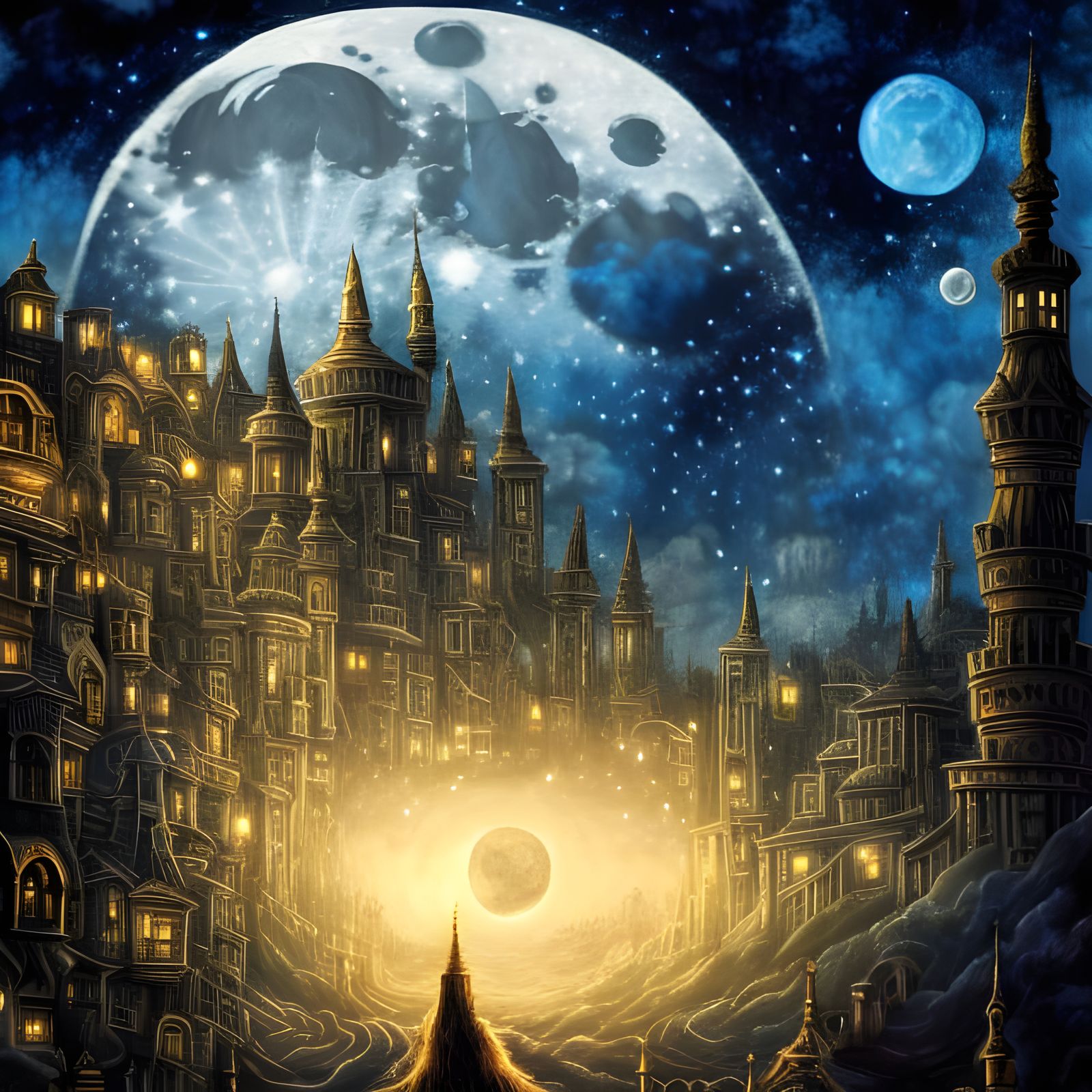 Intricate Moon Over Magic Clock Town, Digital Art