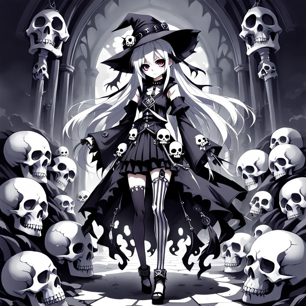 Anime Goth Girl in Black and White Outfit