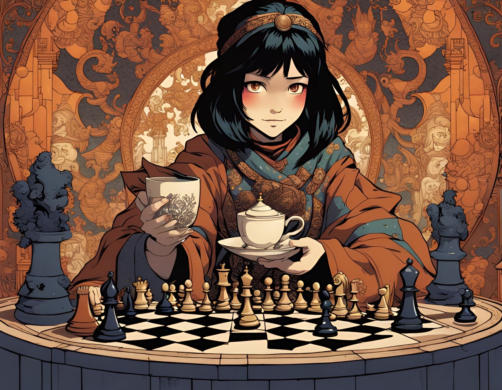 Dark Academia Girl with Tea and Chess