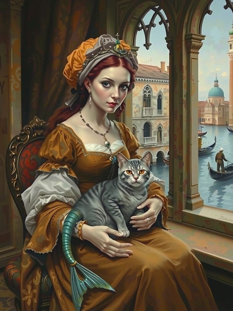 Mythical Mermaid-Cat in Elegant Renaissance Setting