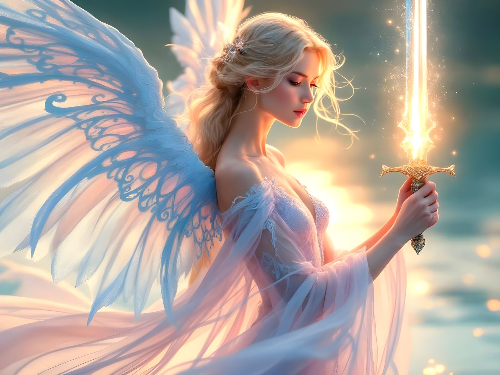 Ethereal Goddess of the Lake Radiates Silver Light in Sunset...