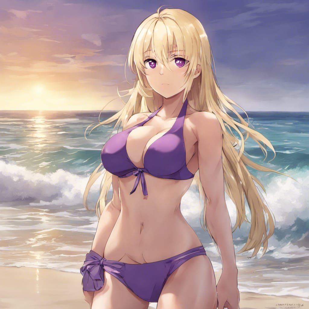 Blonde Woman on Beach in Anime Art Style