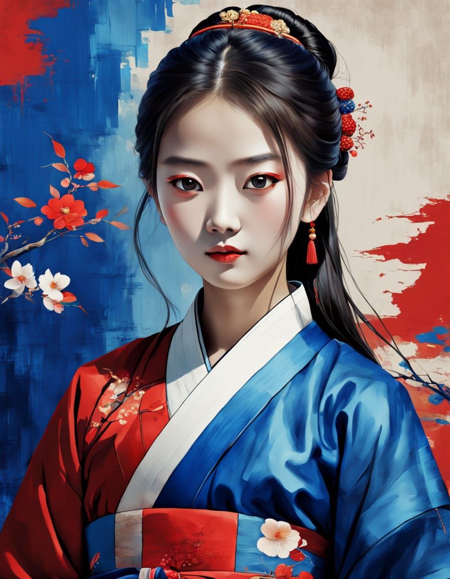 Surreal Portrait of a Korean Woman in Traditional Hanbok Att...