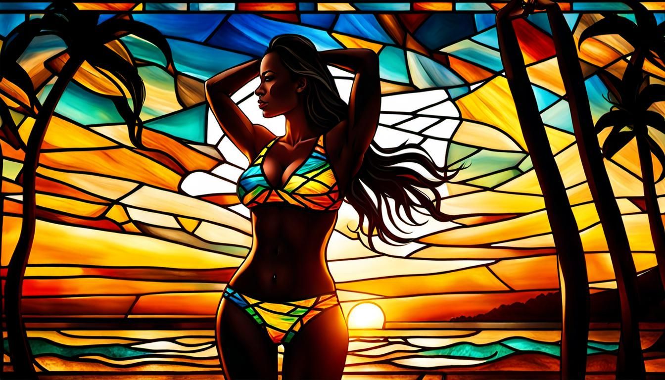 Tropical Sunset Stained Glass Effect, Hyperrealistic Photo