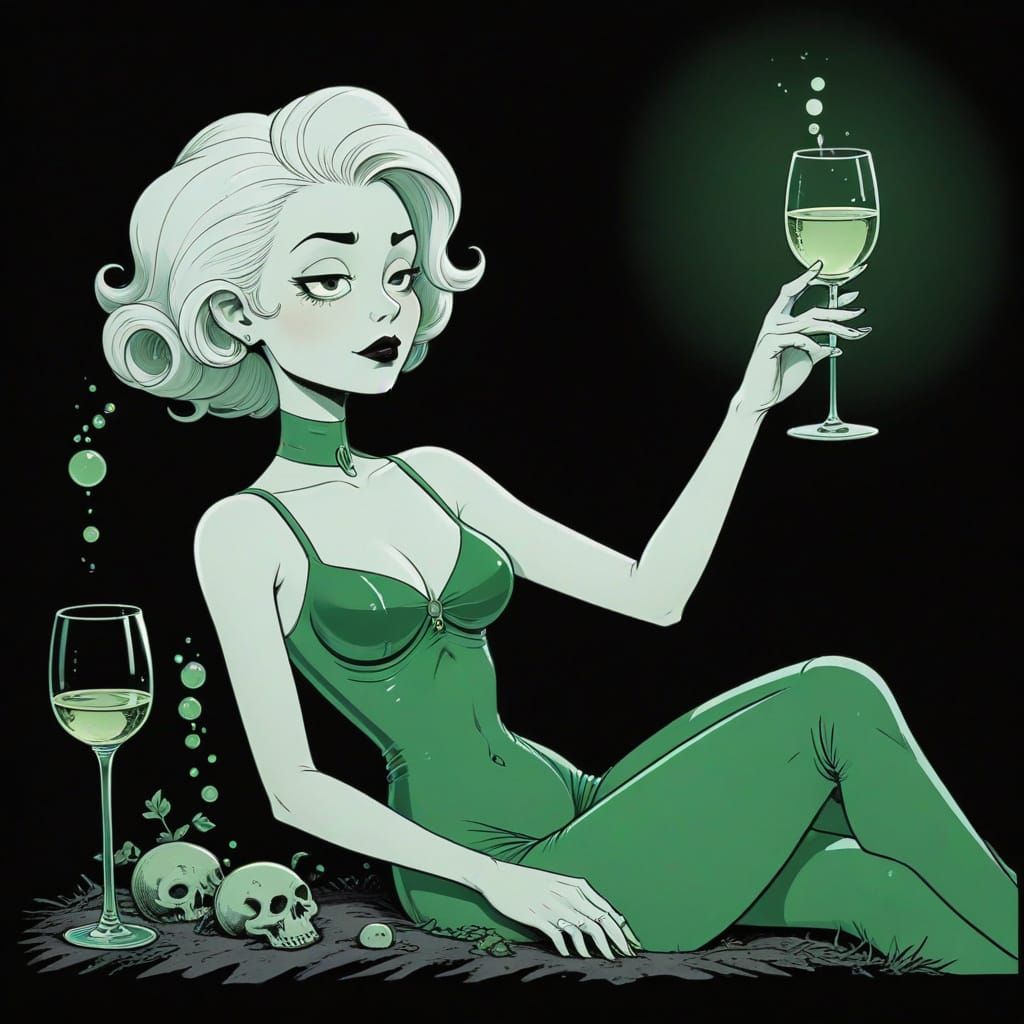 Gothic Girl in 1920s Animation Style Reclining with Wine