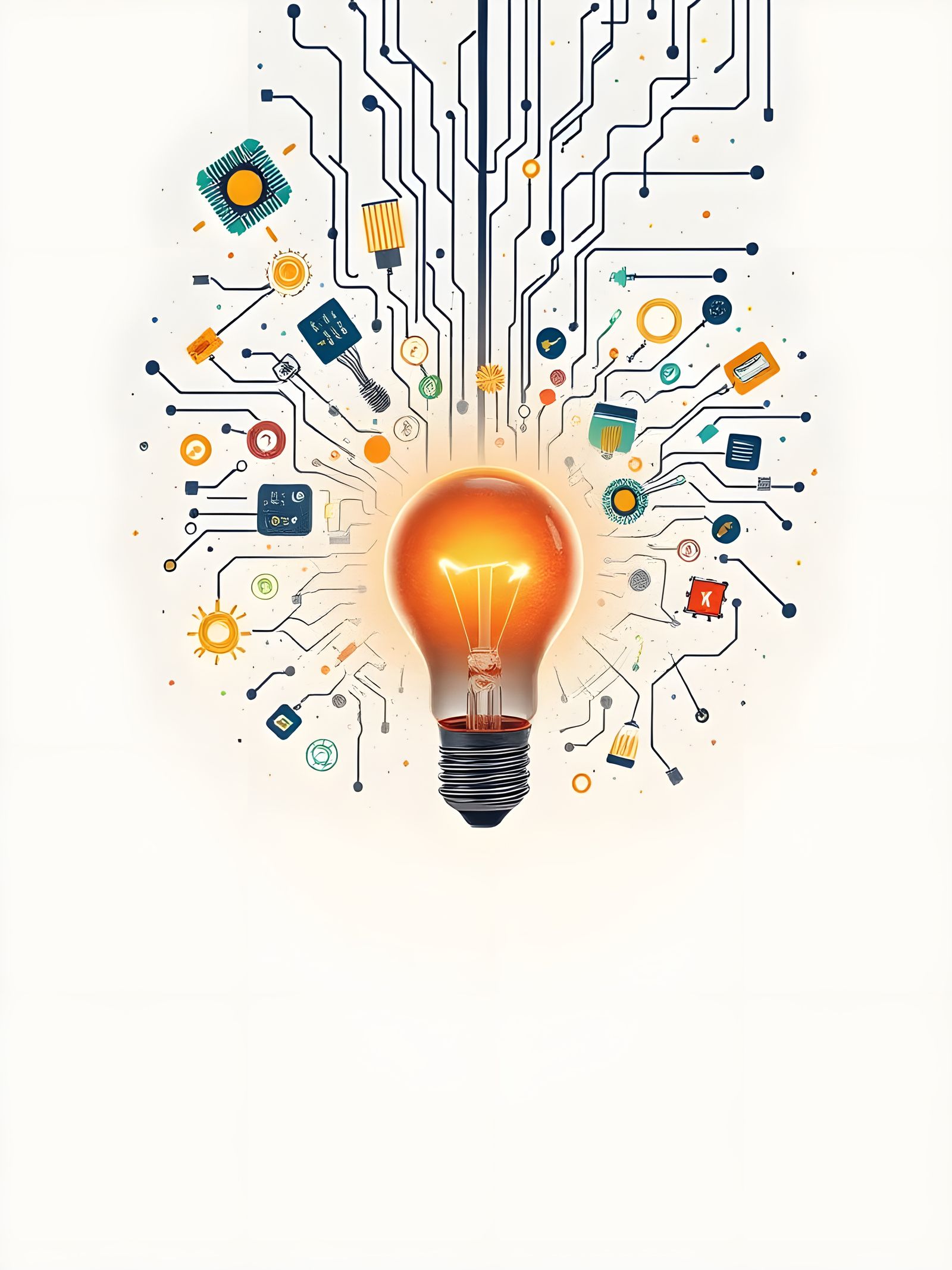 Idea Lightbulb with Technology Icons in Detailed Painting