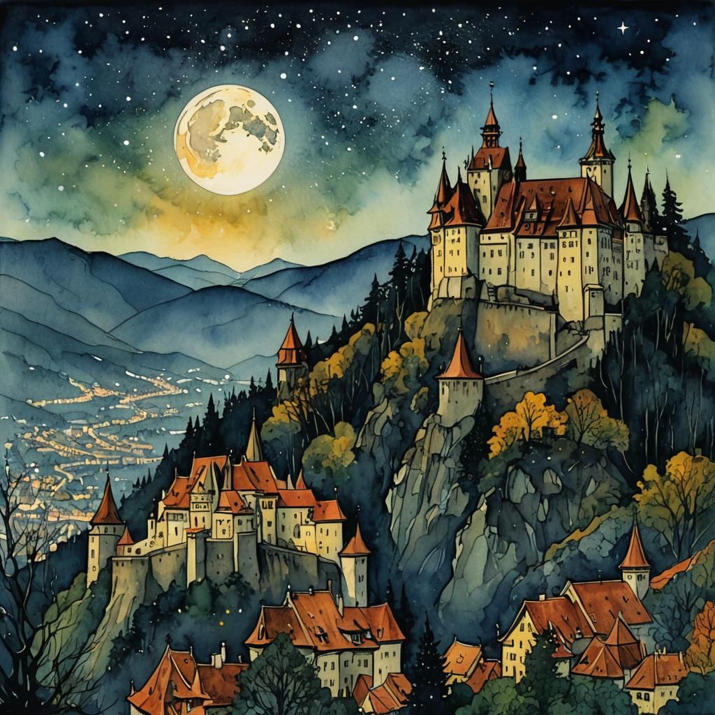 Bran Castle Watercolor Under Starry Crescent Moon