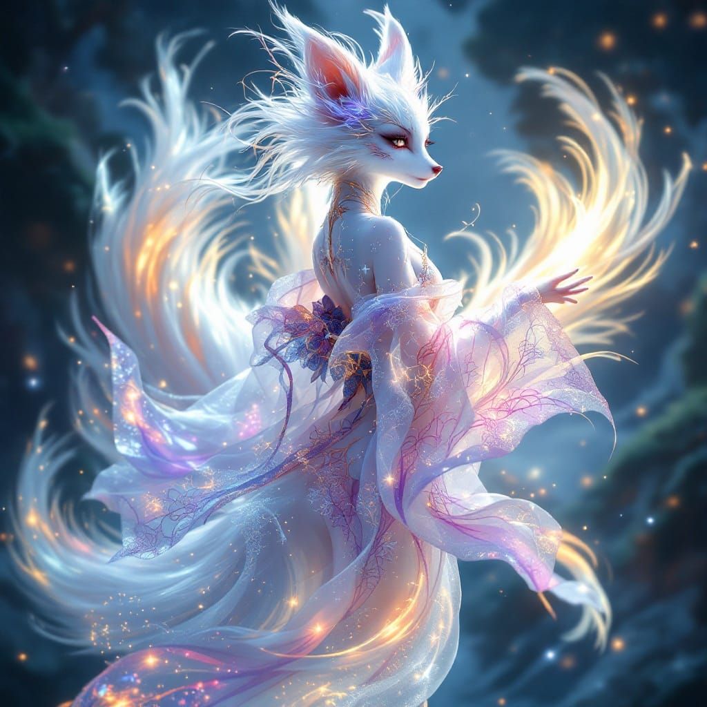 Majestic Anthropomorphic Fox Female Kitsune in Ethereal Glow