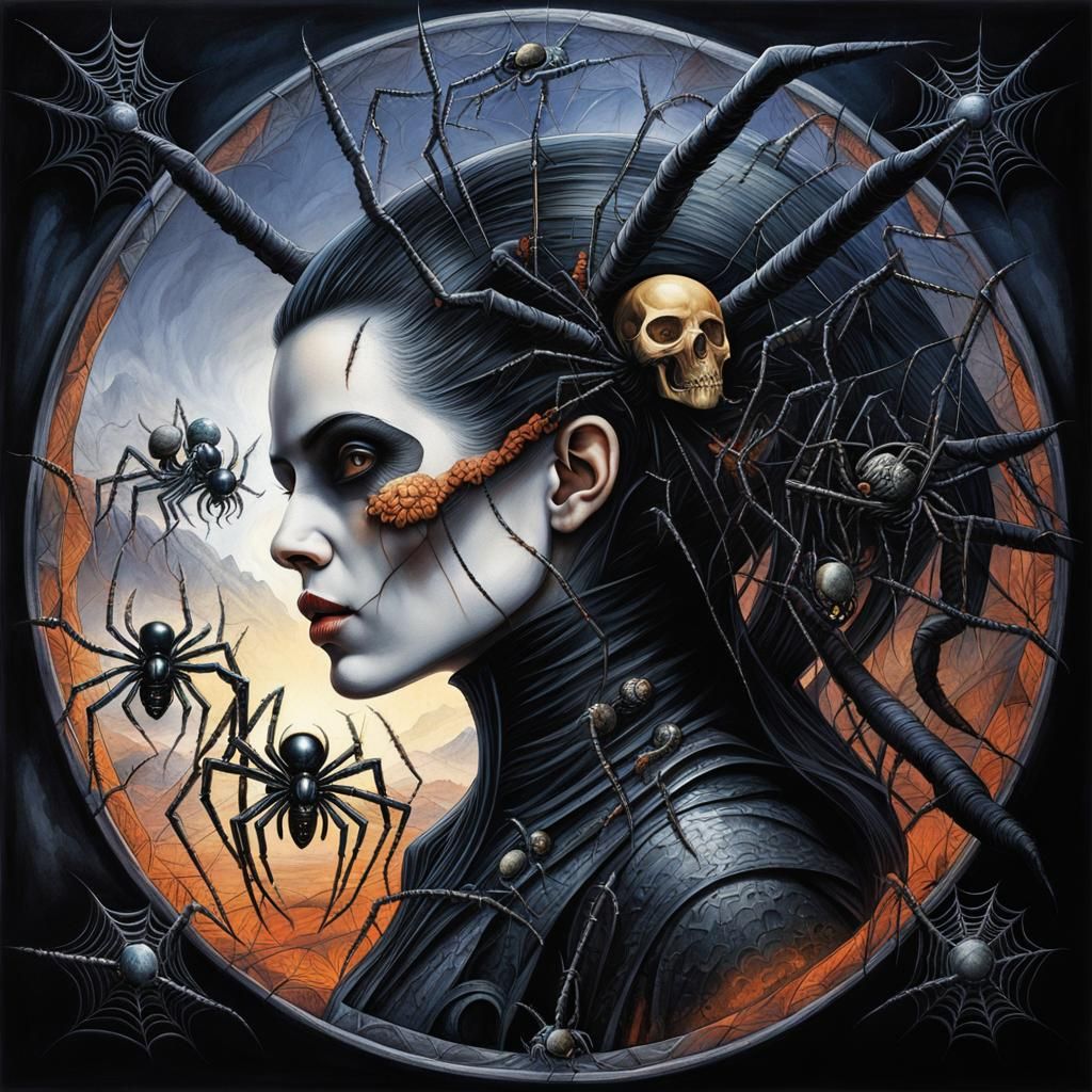 Gothic Skull Emblem with Spiders in Surreal Style