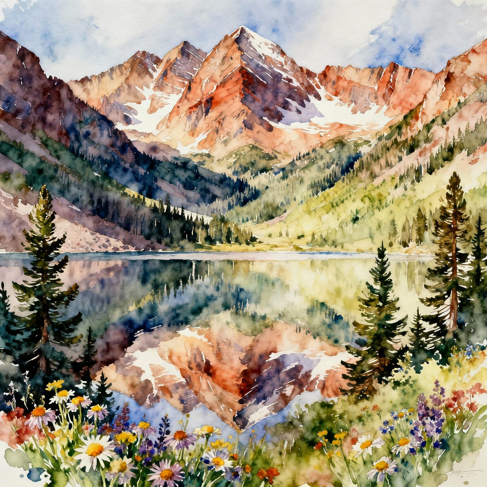 Maroon Bells Watercolor Landscape with Vibrant Color