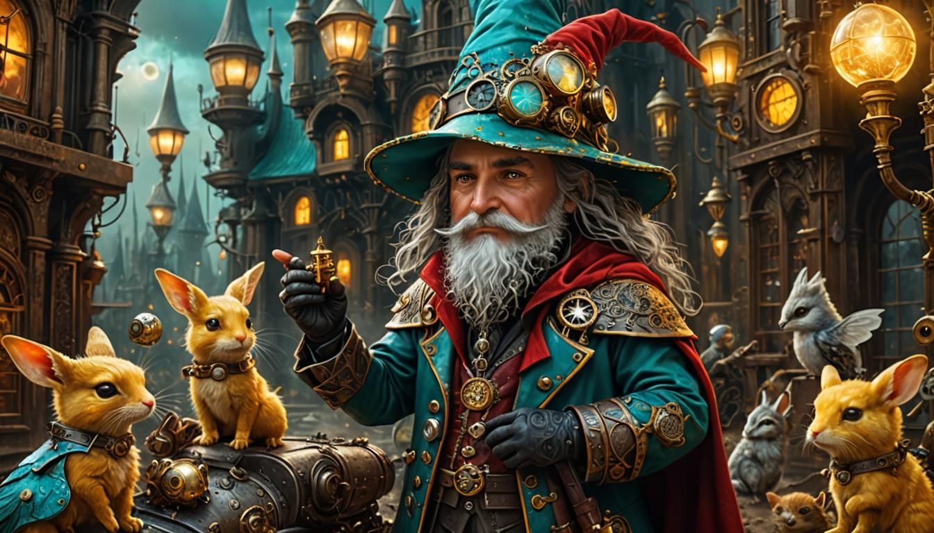 Steampunk Wizard with Magical Creatures in Detailed Digital ...