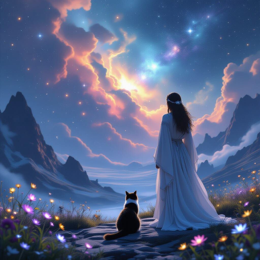 Sorceress on Crystal Planet Gazing at Nebula