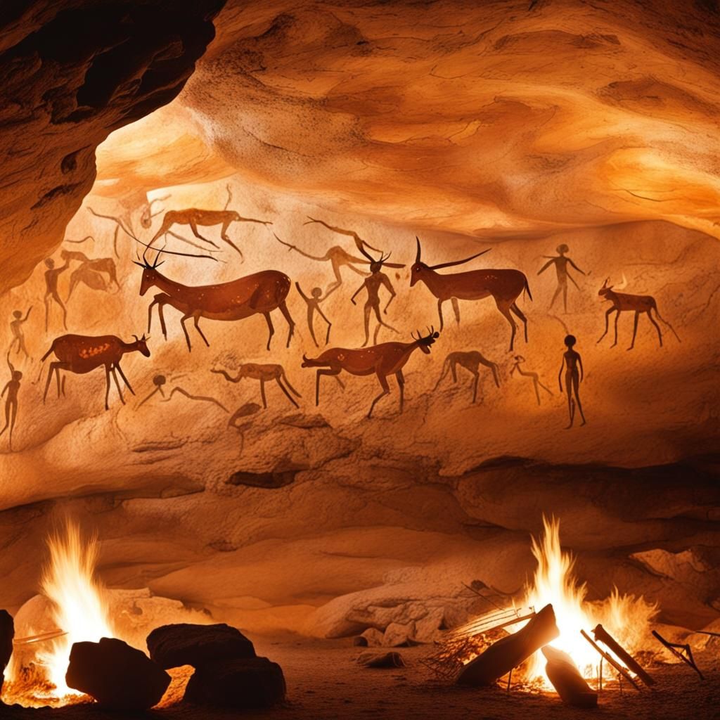 Lascaux-Style Cave Paintings Lit by Campfire