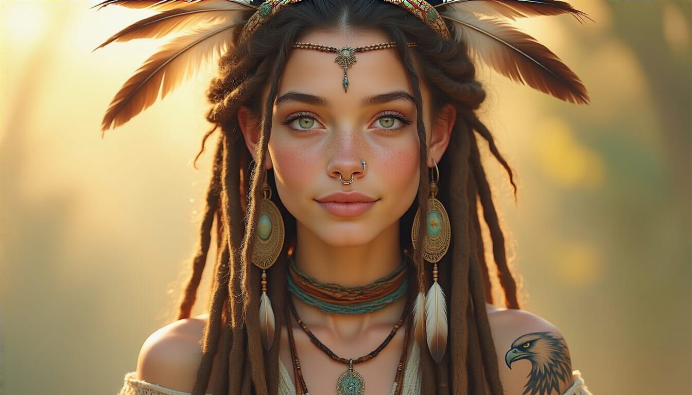 Ethereal Bohemian Woman with Feather Crown