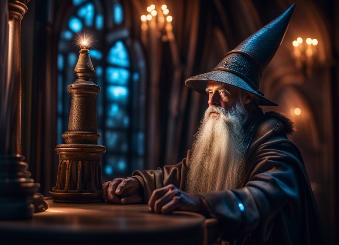 Hyper-Realistic Old Wizard in Magical Tower