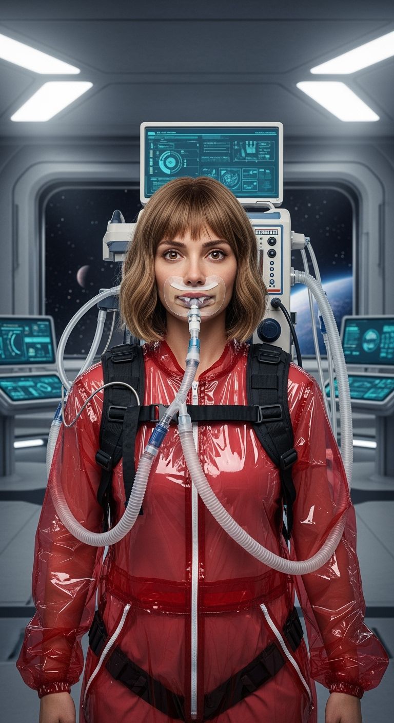 Futuristic Space Woman in High-Tech Space Center