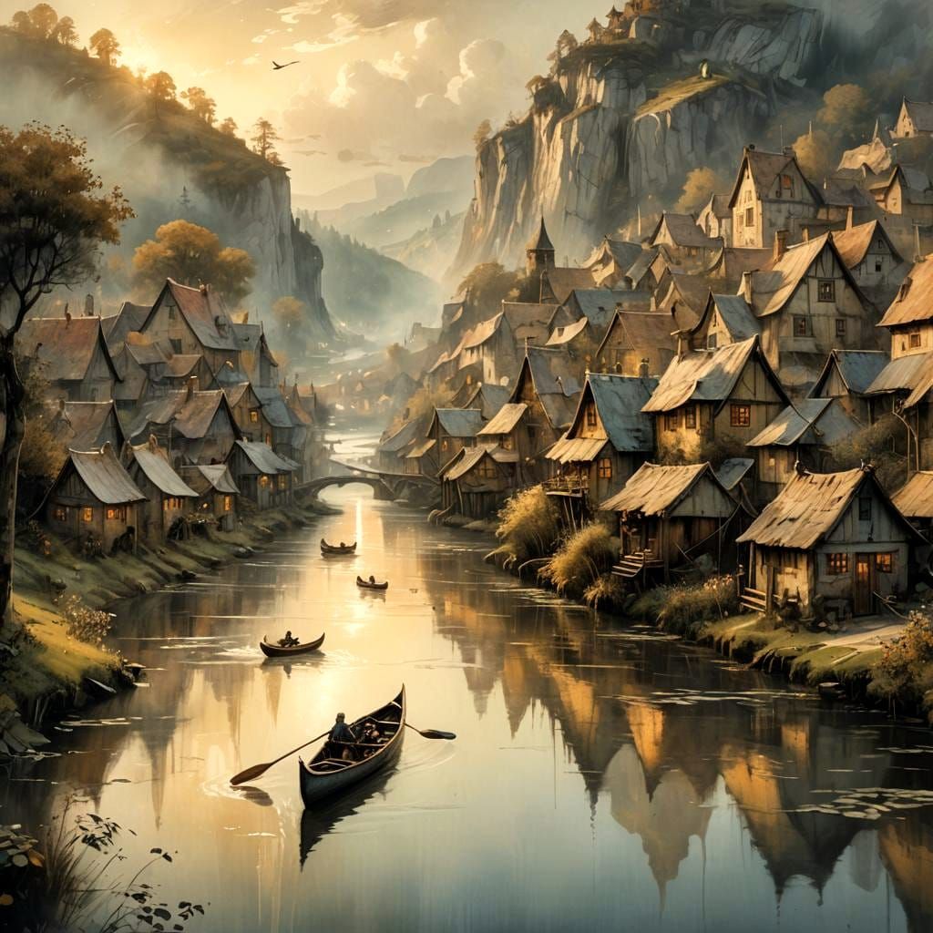 Canoe Flies Over Village in Watercolor Style