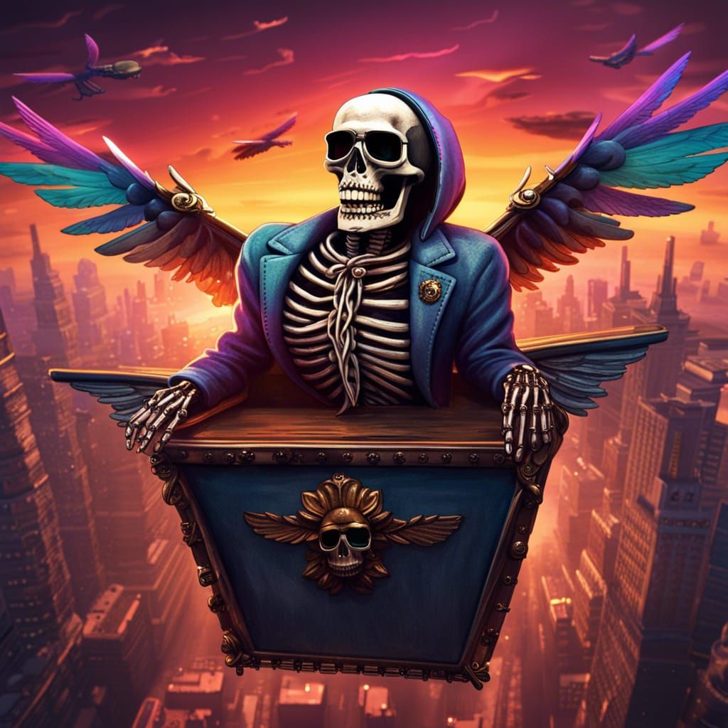 Laughing Skeleton Soaring in Noir Cityscape