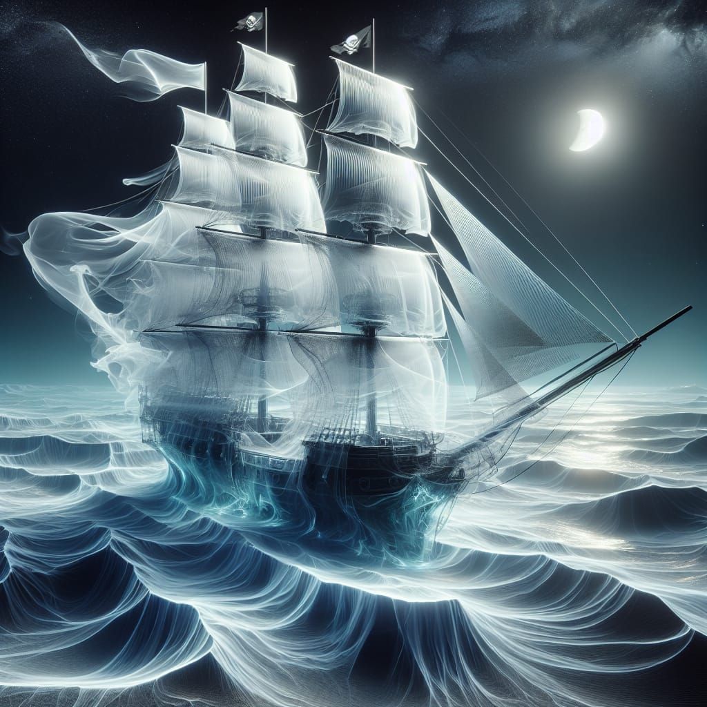 Spectral Pirate Ship Sails Into a Dazzling Lunar Seascape