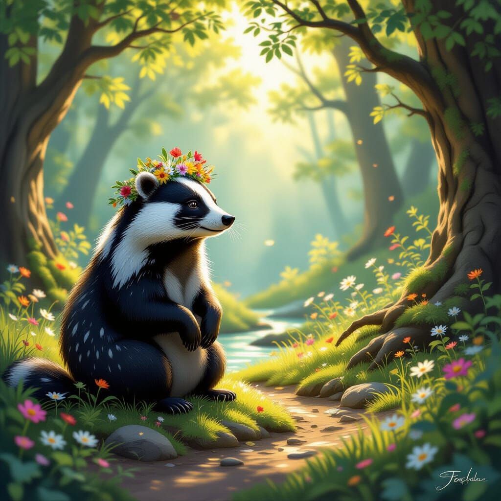 Wise Badger with Wildflower Crown in Enchanted Forest