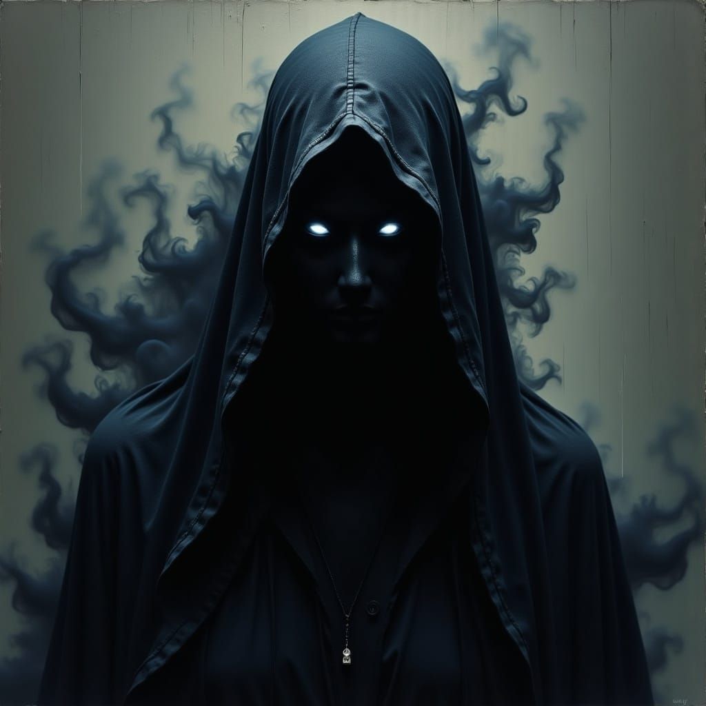 Hooded Figure with Silver Eyes in Shadow