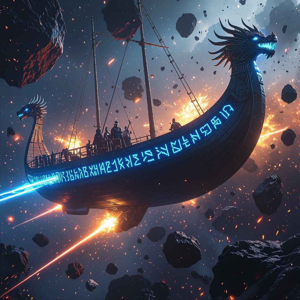 Viking Spaceship Soaring Through Asteroid Field in Concept A...