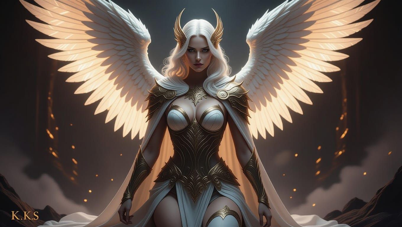 Ethereal Goddess of Judgment Descends with Alabaster Wings a...